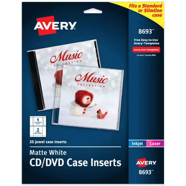 Avery&reg; CD Jewel Case Inserts, Matte White, Laser & Inkjet Printers, 20 Standard and Slimline Inserts (8693)