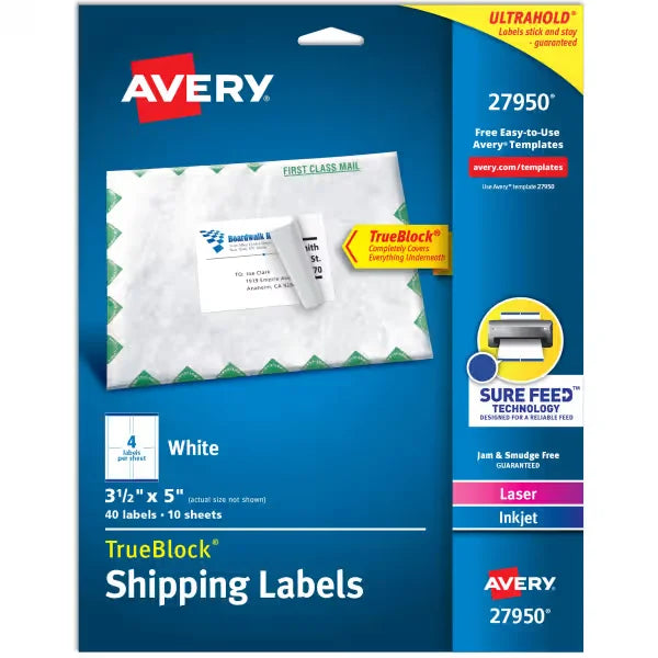 Avery&reg; Shipping Labels, Sure Feed&trade; and TrueBlock&reg; Technology, Permanent Adhesive, 3-1/2" x 5", Laser/Inkjet, 40 Labels Total (27950)
