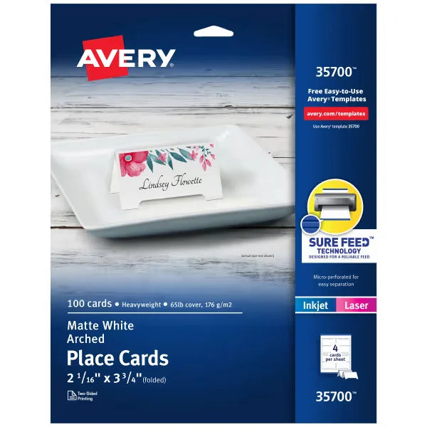 Avery&reg; Arched Place Cards with Sure Feed&reg; Technology, 2-1/16" x 3-3/4", White, 100 Printable Tent Cards (35700)