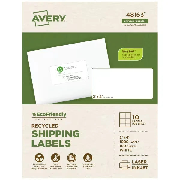 Avery&reg; EcoFriendly Shipping Labels, 2" x 4", White, Permanent, Laser & Inkjet, 1,000 Labels (48163)