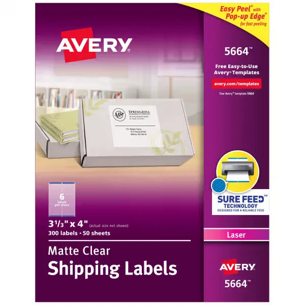 Avery&reg; Matte Clear Shipping Labels, Sure Feed&trade; Technology, Laser, 3-1/3" x 4", 300 Labels (5664)