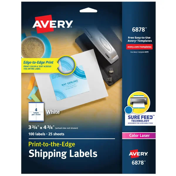 Avery&reg; Print-to-the-Edge Shipping Labels with Sure Feed&reg;, 3-3/4" x 4-3/4", Matte White, 100 Labels (6878)