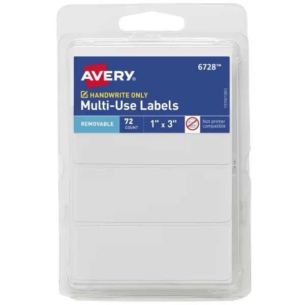 Avery&reg; Multi-Use Removable Labels, 1" x 3", White, Non-Printable, 72 Rectangle Labels Total (6728)