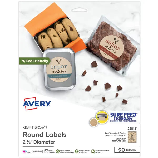 Avery&reg; Kraft Brown Round Labels with Sure Feed&reg; Technology, 2.5" Diameter, Laser/Inkjet, 90 Total (22818)