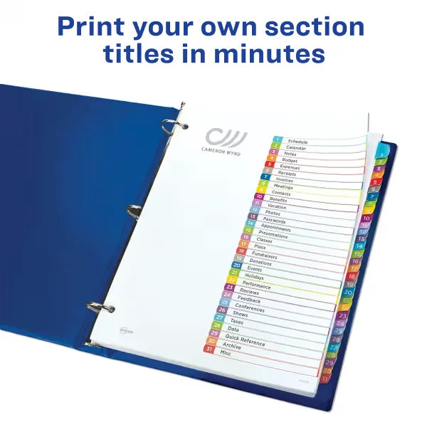 Avery&reg; Ready Index&reg; 1-31 Dividers, 31 Tab Sets, Customizable Table of Contents, Multicolor Arched Tabs (11846)