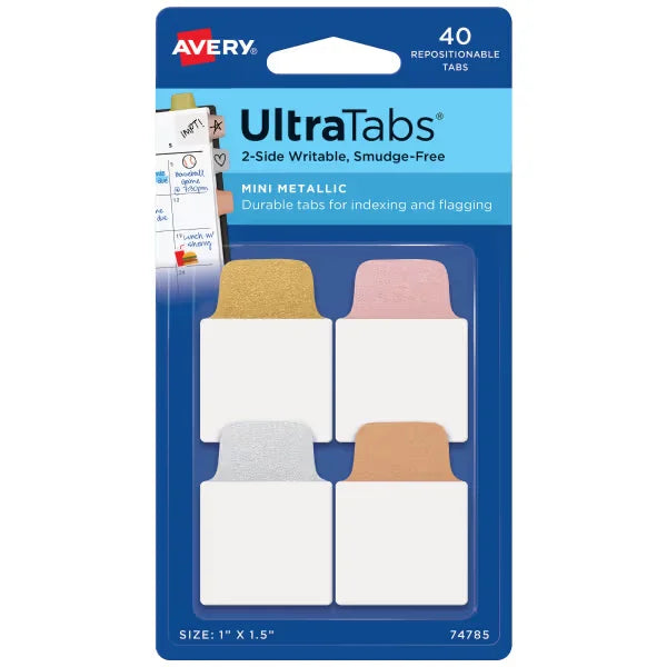 Avery&reg; Ultra Tabs&reg;, Assorted Metallic Colors, 1" x 1.5", 40 Repositionable Mini Tabs, 2-Side Writable (74785)