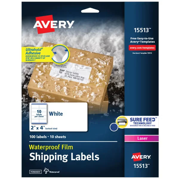 Waterproof Labels with Ultrahold&reg; Permanent Adhesive, Sure Feed&trade;, TrueBlock&reg;, Laser, 100 Labels, 2" x 4" (15513)