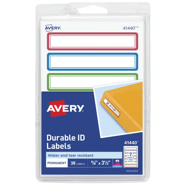 Avery&reg; Durable Labels, 5/8" x 3-1/2", Assorted Border Colors, Water-Resistant Labels, 35 Rectangle Labels Total (41440)