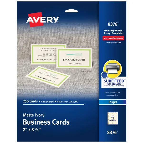 Avery&reg; Printable Business Cards with Sure Feed&trade;, 2" x 3.5", Ivory, 250 Blank Cards for Inkjet Printers (8376)