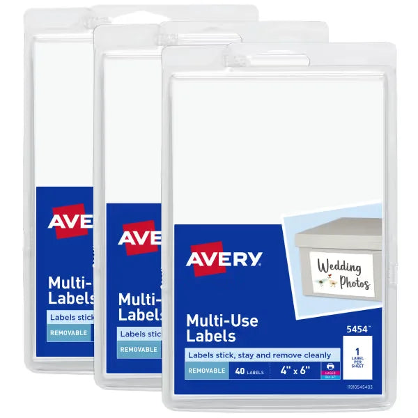 Avery&reg; Removable Labels, 4" x 6" Blank Labels, Laser/Inkjet Printable Labels, 40 Labels per Pack, 3 Packs, 120 Total Labels (5614)