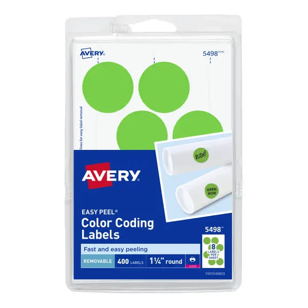 Avery&reg; Removable Color-Coding Labels, Removable Adhesive, Neon Green, 1-1/4" Diameter, 400 Labels (5498)