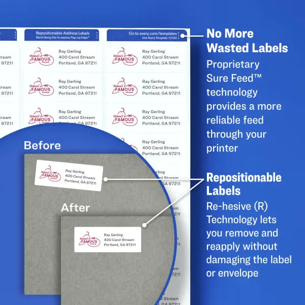 Avery&reg; Repositionable Address Labels, Repositionable Adhesive, 1" x 2-5/8", 750 Labels (58160)
