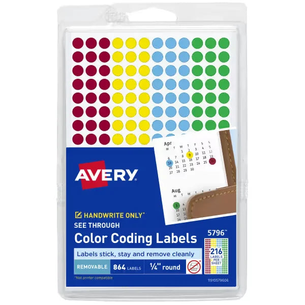 Avery&reg; See-Through Color-Coding Removable Labels, 1/4" Diameter, Assorted, Non-Printable, 864 Dot Stickers Total (5796)