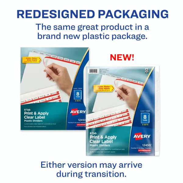 Avery&reg; Print & Apply Clear Label Translucent Plastic Dividers, Index Maker&reg; Easy Apply&trade; Printable Label Strip, 8 Frosted Tabs, 5 Sets (12450)