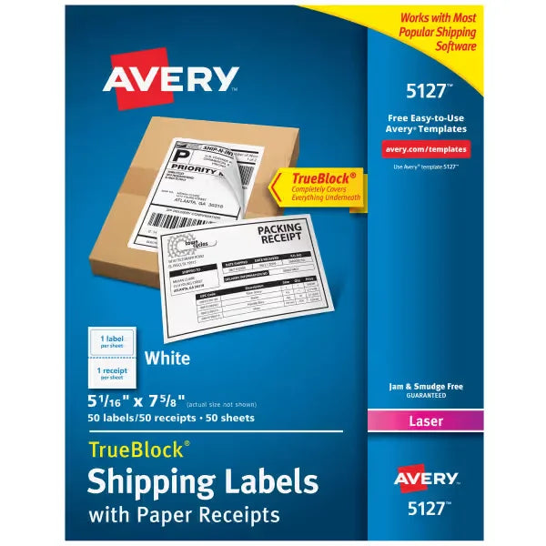 Avery&reg; Shipping Labels w/ Paper Receipts, TrueBlock&reg; Technology, Permanent Adhesive, 5-1/16" x 7-5/8", 50 Labels (5127)