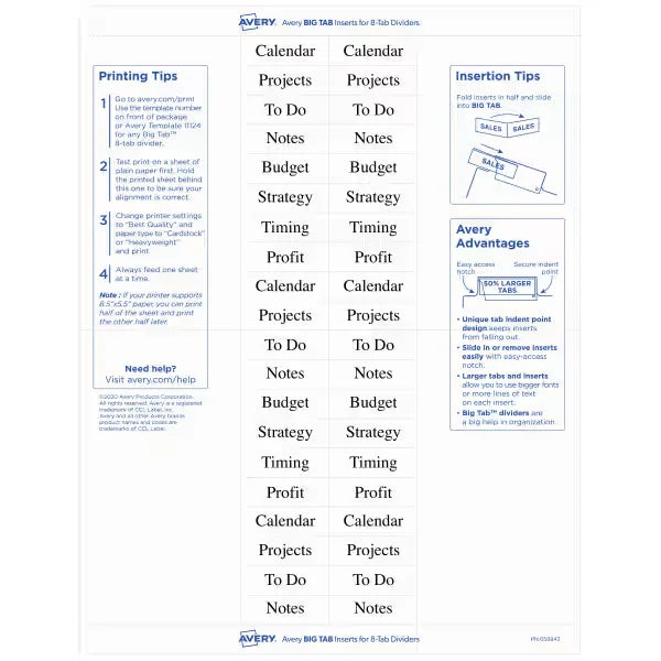 Avery&reg; Big Tab&trade; Insertable Divider Insert Sheet Refills, 8-Tab, 3 Sheets, 60 Inserts (11228)