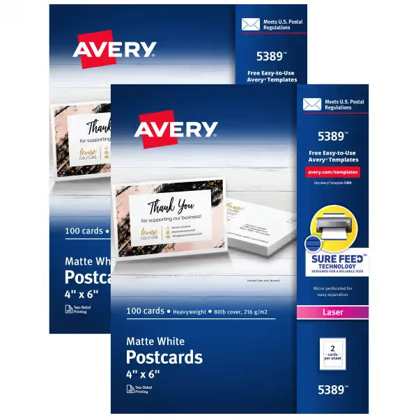 Avery&reg; Postcards with Sure Feed&reg; Technology, 4" x 6", White, 200 Blank Postcards for Laser Printers Total (15389)