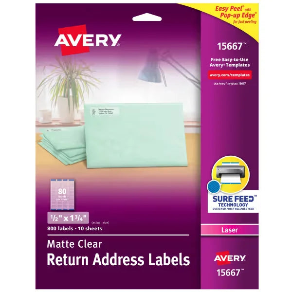 Avery&reg; Matte Clear Return Address Labels, Sure Feed&trade; Technology, Laser, 1/2" x 1-3/4", 800 Labels (15667)