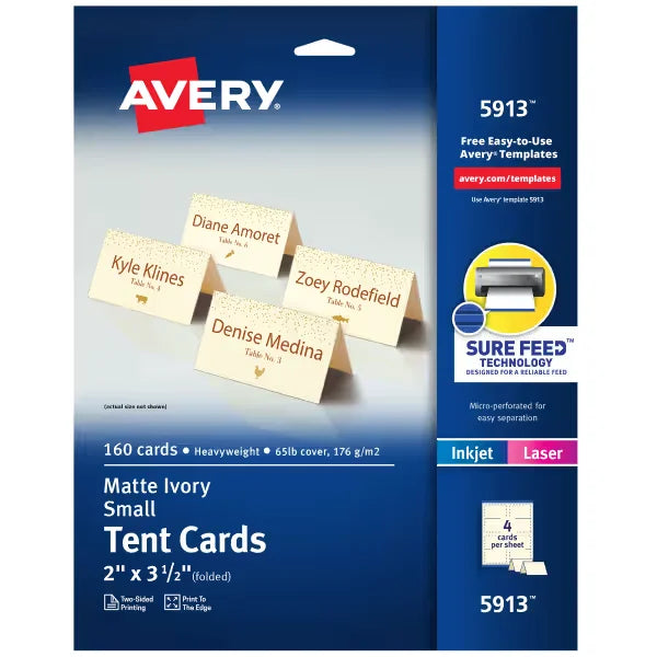 Avery&reg; Print-to-the-Edge Tent Cards with Sure Feed&reg; Technology, 2" x 3-1/2", Ivory, 160 Place Cards Total (5913)