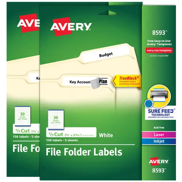 Avery&reg; File Folder Labels with TrueBlock&reg; Technology, Permanent Adhesive, 2/3" x 3-7/16", Laser/Inkjet, 2-Pack, 300 Labels Total (28593)