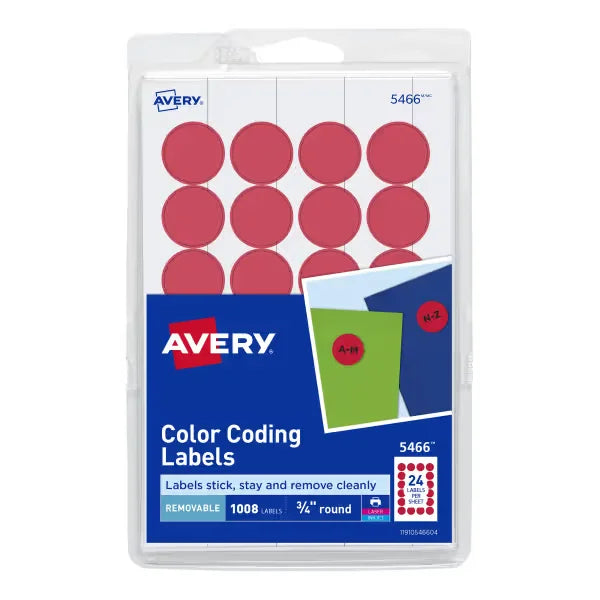 Avery&reg; Removable Color-Coding Labels, Removable Adhesive, Red, 3/4" Diameter, 1,008 Labels (5466)