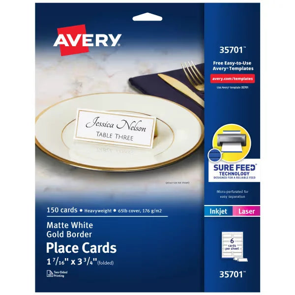 Avery&reg; Gold Border Place Cards with Sure Feed&reg; Technology, 1-7/16" x 3-3/4", White, 150 Printable Tent Card (35701)