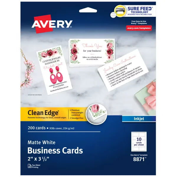 Avery&reg; Clean Edge&reg; Business Cards with Sure Feed Technology, 2" x 3-1/2", White, 200 Blank Cards (08871)