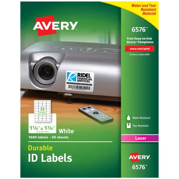 Avery&reg; Durable ID Labels, Permanent Adhesive, 1-1/4" x 1-3/4", 1,600 Labels (6576)