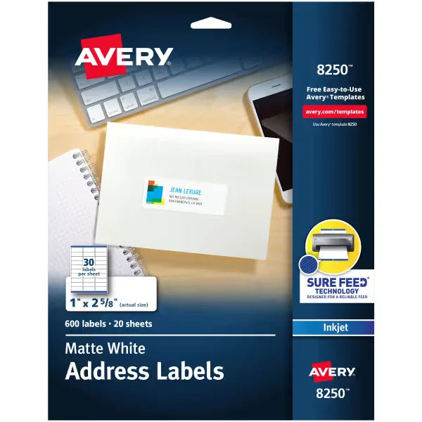 Avery&reg; Address Labels with Sure Feed&reg;, 1" x 2-5/8", Matte White, Inkjet Printer Compatible, 600 Labels (8250)
