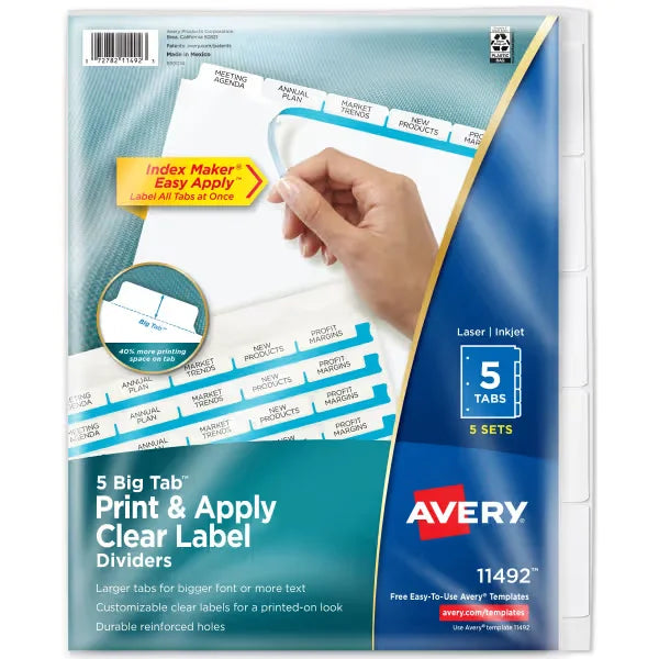 Avery&reg; Big Tab&trade; Print & Apply Clear Label Dividers, Index Maker&reg; Easy Apply&trade; Printable Label Strip, 5 White Tabs, 5 Sets (11492)