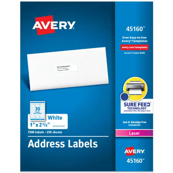 Avery&reg; Easy Peel&reg; Address Labels with Sure Feed&reg;, 1" x 2-5/8", White, 7,500 Blank Mailing Labels (45160)