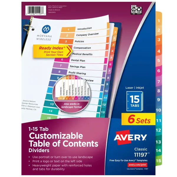 Avery&reg; Ready Index&reg; 15 Tab Binder Dividers, Customizable Table of Contents, Multicolor Tabs, 6 Sets (11197)
