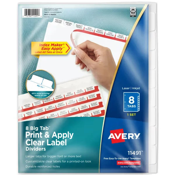 Avery&reg; Big Tab&trade; Print & Apply Clear Label Dividers, Index Maker&reg; Easy Apply&trade; Printable Label Strip, 8 White Tabs (11491)