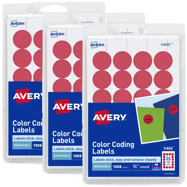 Round Color Coding Labels, Removable Adhesive, Laser & Inkjet Printers, Red, 3/4” Diameter, 3 Pack, 3,024 Labels (32136)