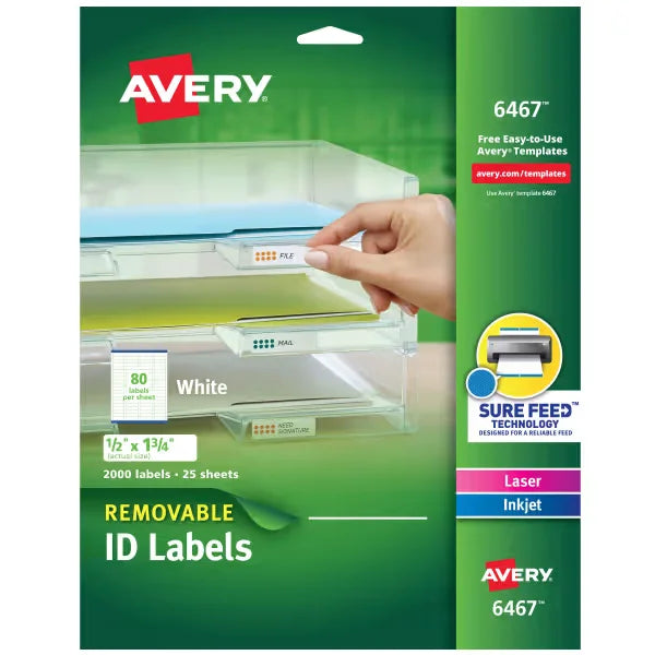 Avery&reg; Removable ID Labels, Removable Adhesive, 1/2" x 1-3/4", 2,000 Labels (6467)
