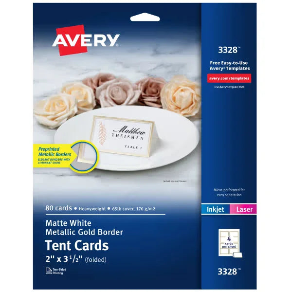 Avery&reg; Tent Cards with Metallic Gold Border, 2" x 3-1/2", White, 80 Printable Place Cards (3328)