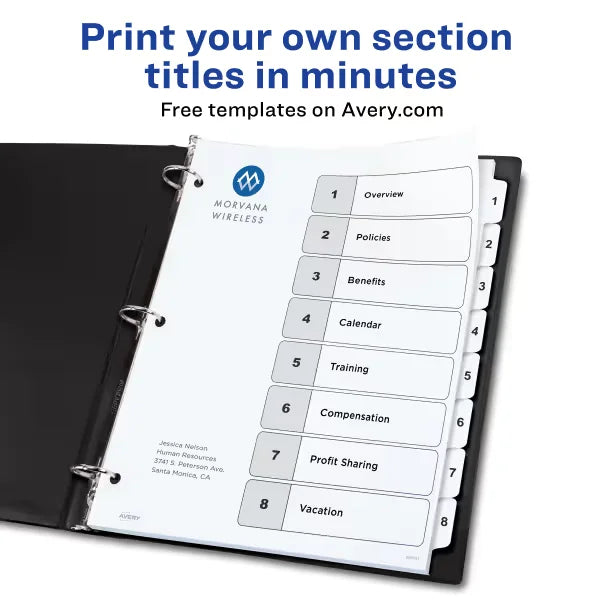 Avery&reg; Ready Index&reg; Dividers for 3 Ring Binders, 8 Tab Sets, Customizable Table of Contents, White Tabs (11132)
