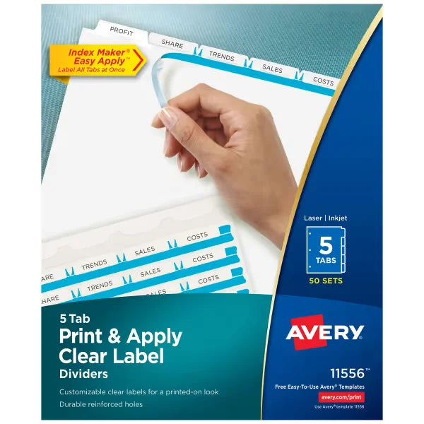 Avery&reg; Print & Apply Clear Label Dividers, Index Maker&reg; Easy Apply&trade; Printable Label Strip, 5 White Tabs, 50 Sets (11556)