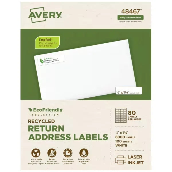 Avery&reg; EcoFriendly Recycled Return Address Labels, 1/2" x 1-3/4", White, Permanent, 8,000 Printable Labels (48467)