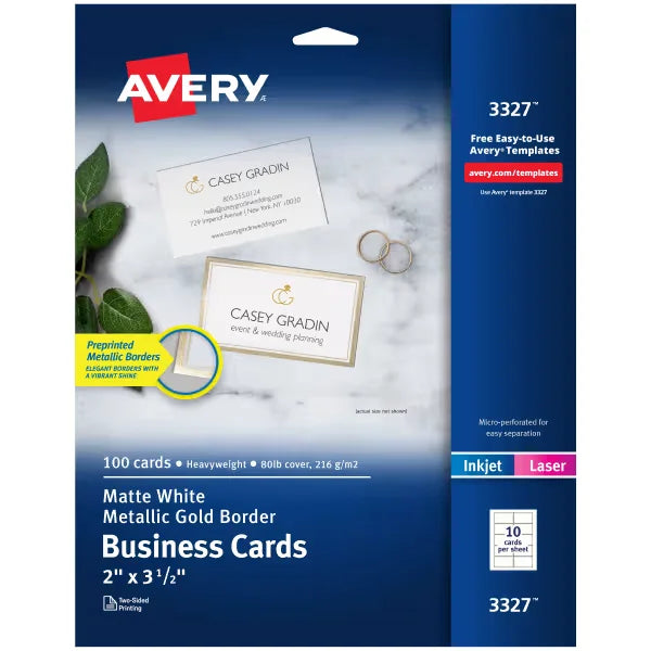 Avery&reg; Business Cards with Metallic Gold Borders, 2" x 3-1/2", 100 Total, Laser/Inkjet Printable Business Cards (3327)