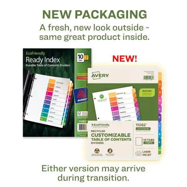 Avery&reg; EcoFriendly Recycled Dividers, 10-Tab, Multicolor, Ready Index&reg; Customizable Table of Contents, 3 Sets (11082)