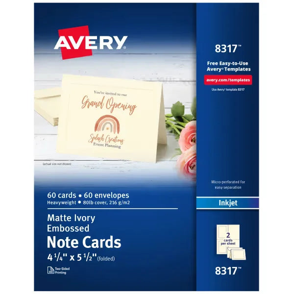 Avery&reg; Embossed Note Cards with Envelopes, 4-1/4" x 5-1/2", Matte Ivory, Inkjet Printer Compatible, 60 Total (8317)