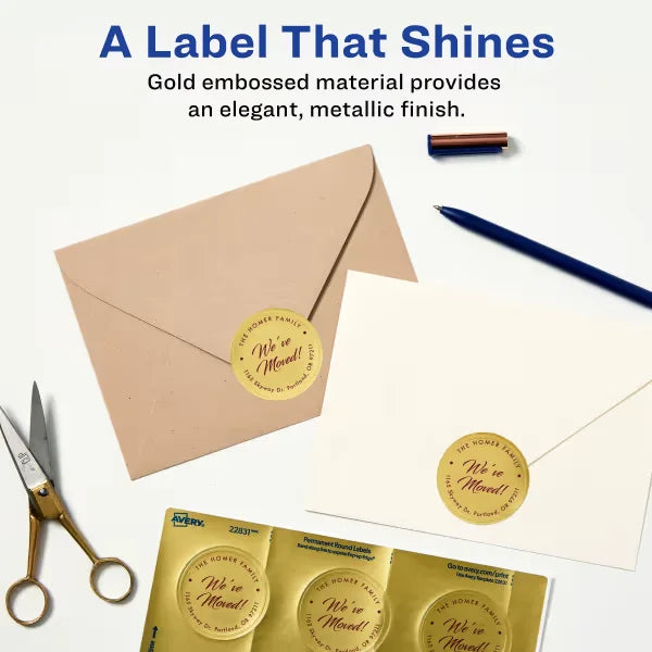 Avery&reg; Gold Embossed Foil Round Labels, 2" Diameter, 96 Labels, Permanent Adhesive (22831)