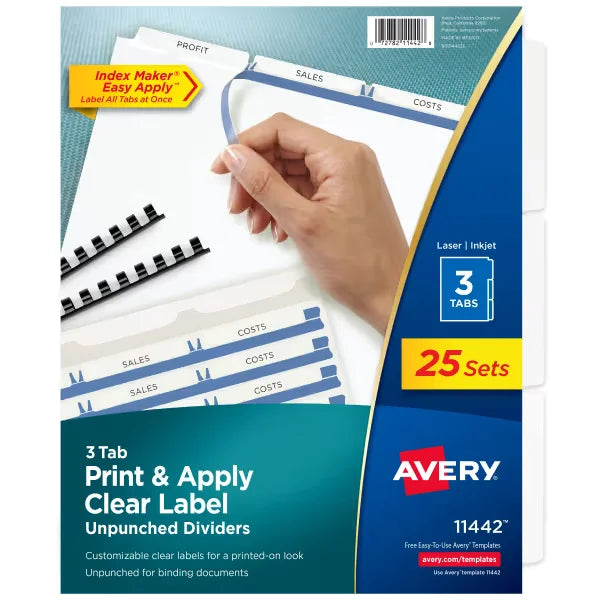 Avery&reg; Print & Apply Clear Label Unpunched Dividers, Index Maker&reg; Easy Apply&trade; Printable Label Strip, 3 White Tabs, 25 Sets (11442)