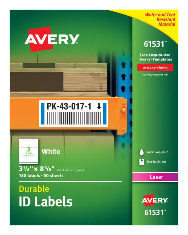 Avery&reg; Durable ID Labels, TrueBlock&reg; Technology, Permanent Adhesive, 3-1/4” x 8-3/8”,  150 Labels (61531)