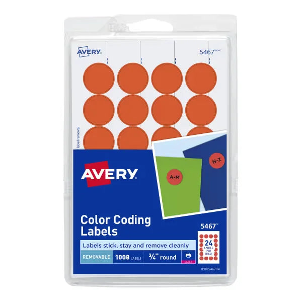 Avery&reg; Removable Color-Coding Labels, Removable Adhesive, Neon Red, 3/4" Diameter, 1,008 Labels (5467)