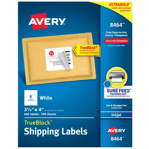 Avery&reg; TrueBlock&reg; Shipping Labels, Sure Feed&trade; Technology, Permanent Adhesive, 3-1/3" x 4", 600 Labels (8464)