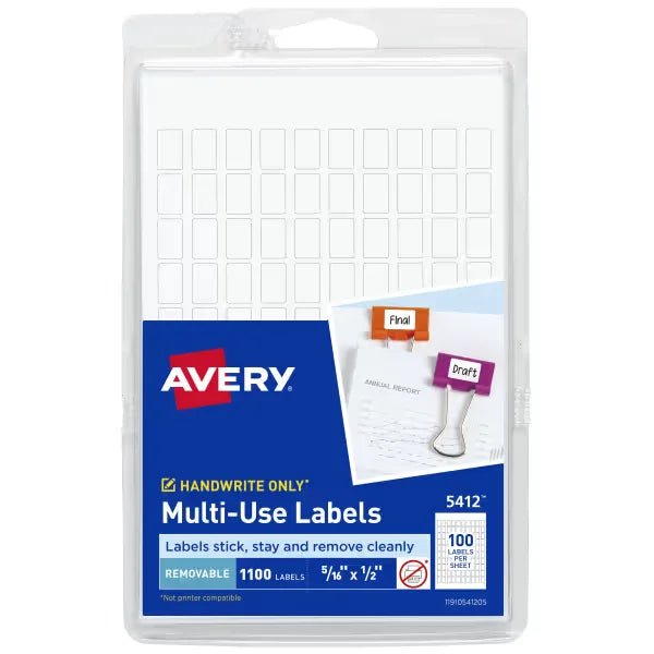 Avery&reg; Multi-Use Removable Labels, 5/16" x 1/2", White, Non-Printable, 1,100 Small Stickers Total (5412)