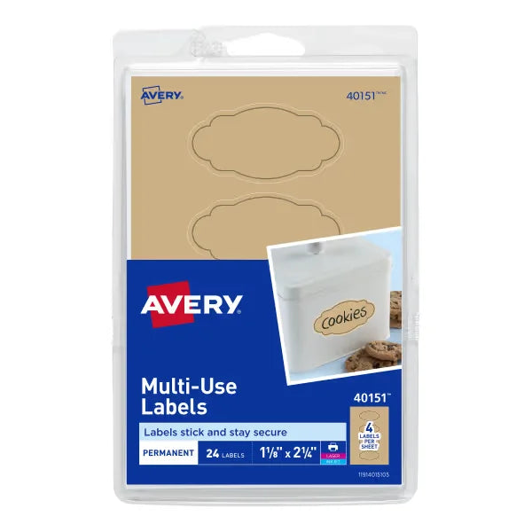 Avery&reg;  Scallop Labels, Permanent Adhesive, Kraft Brown, Black Border, 1-1/8" x 2-1/4",  24 Labels (40151)