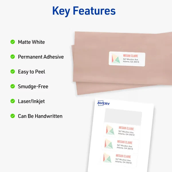 Avery&reg; Mini-Sheets Address Labels, 1" x 2-5/8", White, Permanent Adhesive, Laser/Inkjet Printable, 200 Labels (2160)